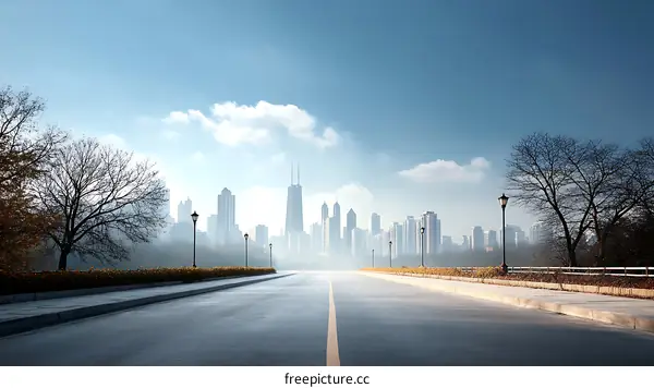 Cityscape Road in Autumn Morning