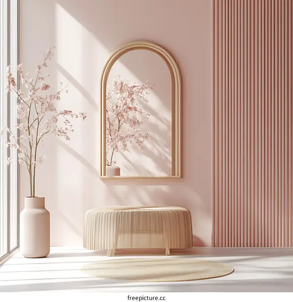 Minimalist Interior Design with Cherry Blossom Branch and Arched Mirror