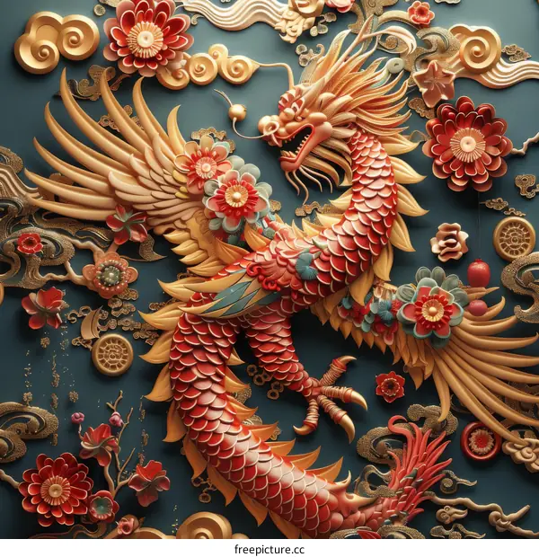 Golden Dragon with Red and Blue Scales Surrounded by Auspicious Clouds and Flowers