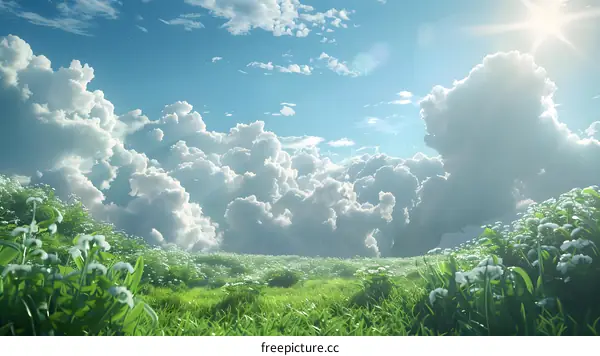 Field of white flowers under a blue sky with white clouds