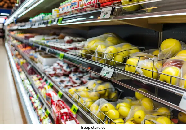 Fresh Yellow Apples In Plastic Bags On Supermarket Shelf