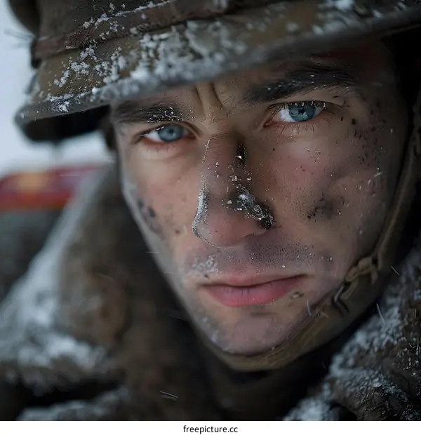 Closeup Portrait of a Soldier in the Snow