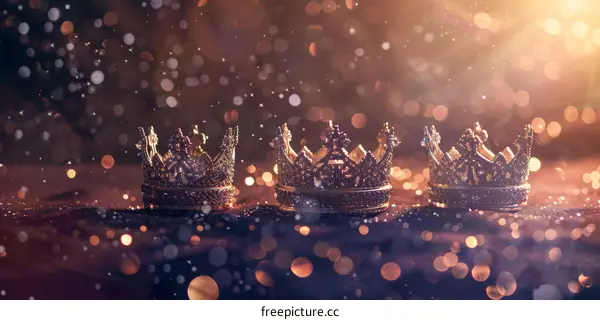 Three Golden Crowns on Red Velvet with Glitter