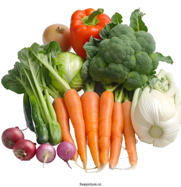 [Transparent Background PNG]Fresh Organic Vegetables, Carrot, Broccoli, Cabbage, Onion, Red Pepper