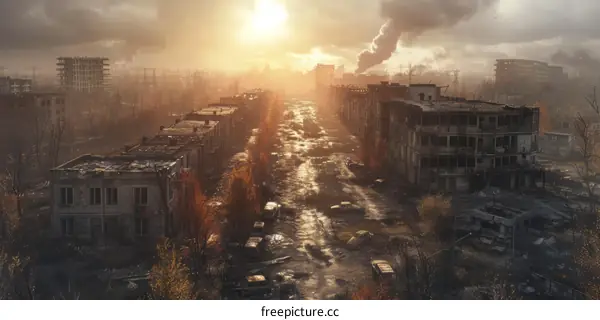 Post-apocalyptic urban landscape with ruined buildings