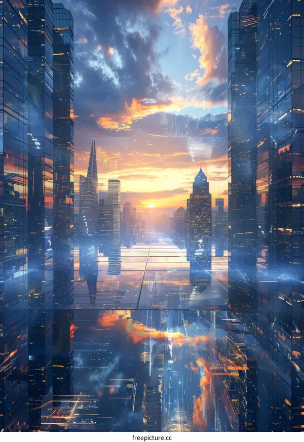 Futuristic Cityscape Sunset Reflection