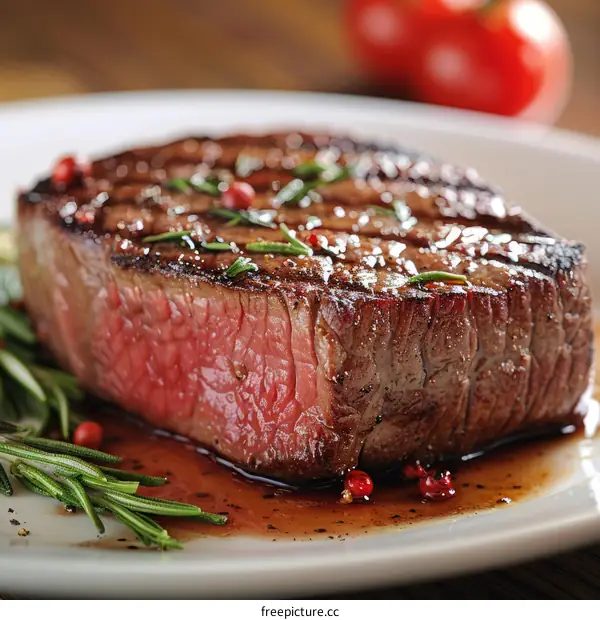 A delicious steak with rosemary and tomatoes