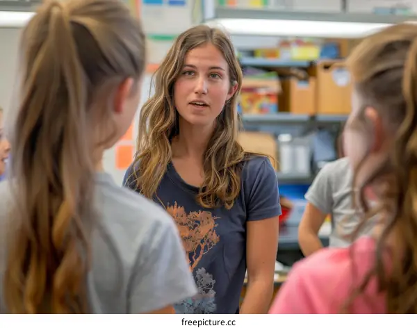 Brown hair girl talking to a group of girls