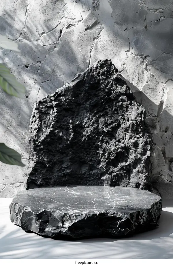 Black Stone Platform With Shadow For Product Display On Gray Background
