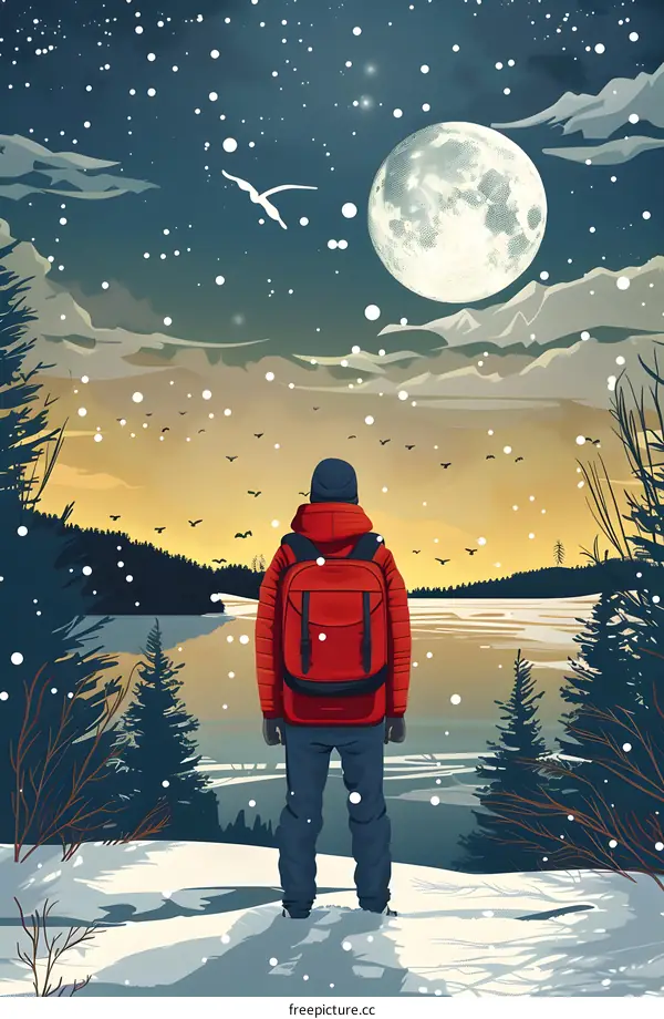 Man Standing on a Hilltop Looking at the Full Moon and Stars