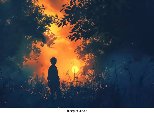 Silhouette of Person in Field During Sunset