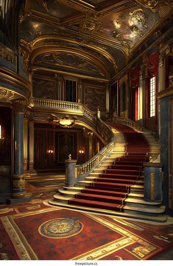 Grand Staircase in a Luxurious Mansion with Golden Details