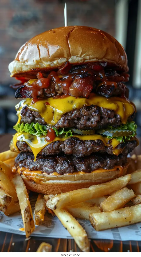 A mouthwatering triple cheeseburger with bacon and fries