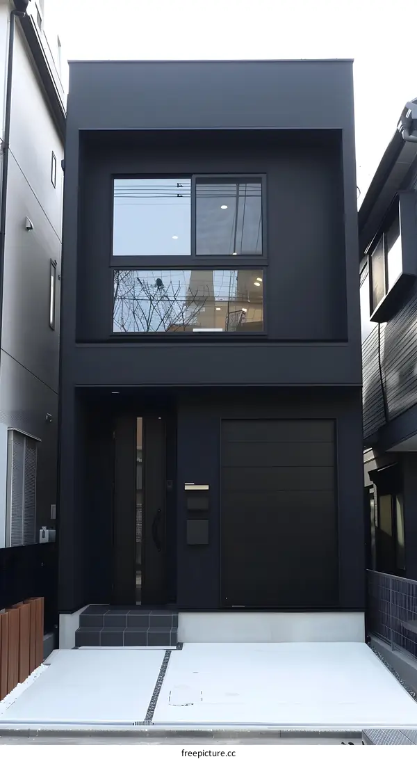 Modern Black House with Garage Door in Japan