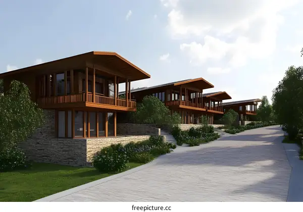 Modern Wooden Houses with Stone Walls and Green Landscaping