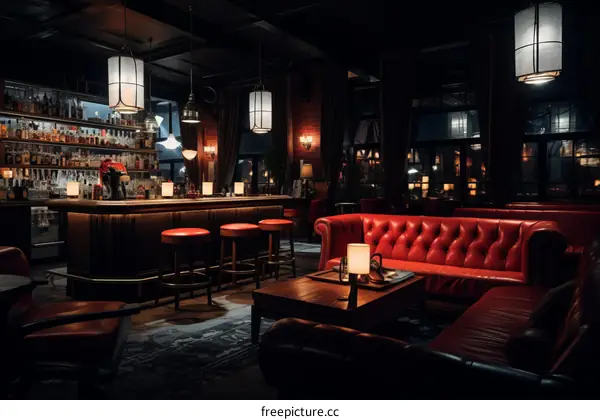 Luxurious bar interior with red leather sofas and dark wood bar counter