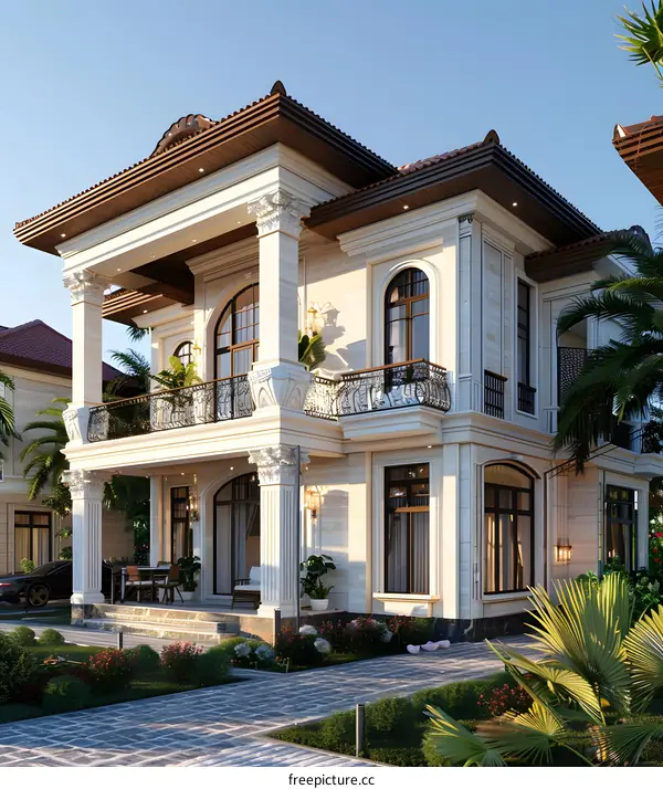 Luxury Villa Exterior Design with Columns and Balcony