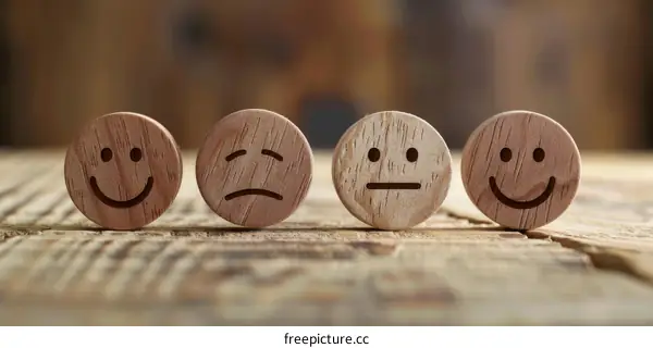 Wooden emoji faces expressing different emotions