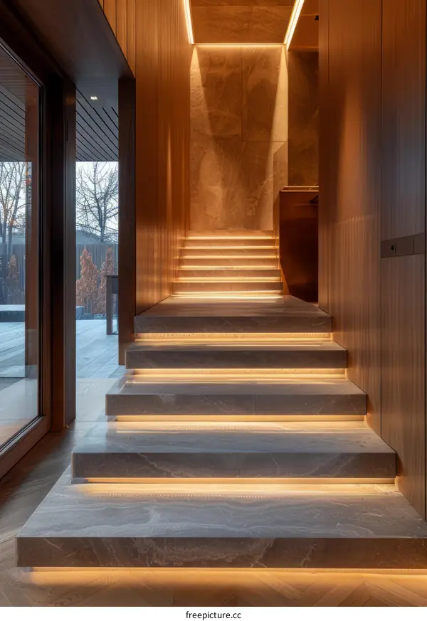 Contemporary Wooden Staircase and Marble Steps with Modern Lighting