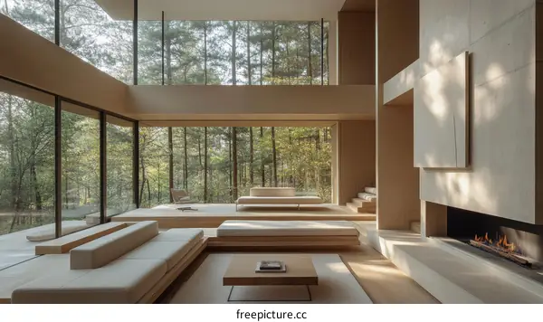 Modern Minimalist Living Room with Forest View