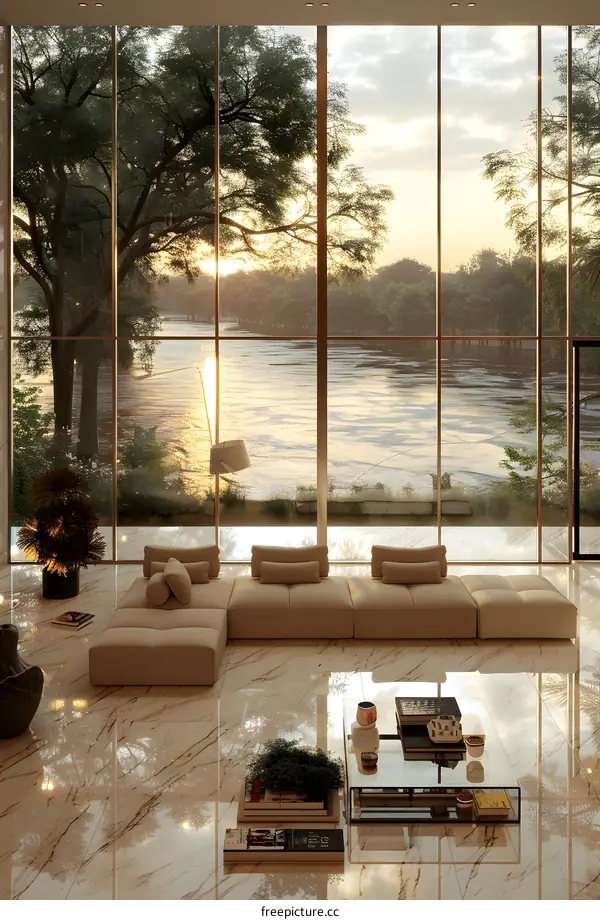 Living room with a view of the lake at sunset