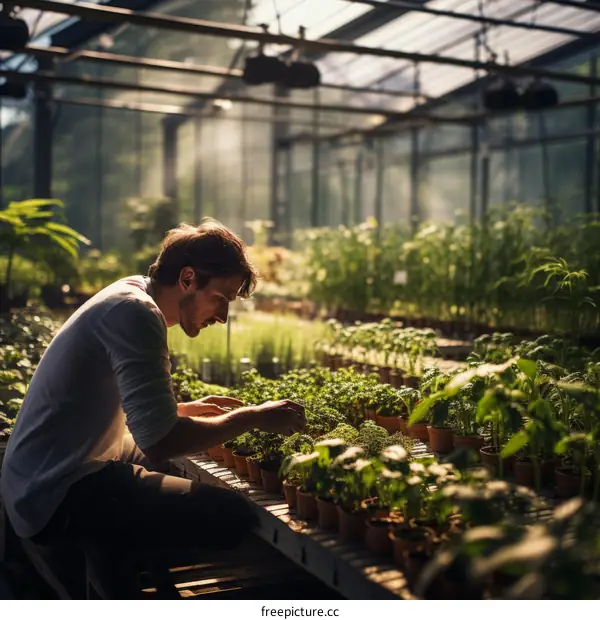 Male botanist examining young plants in a greenhouse