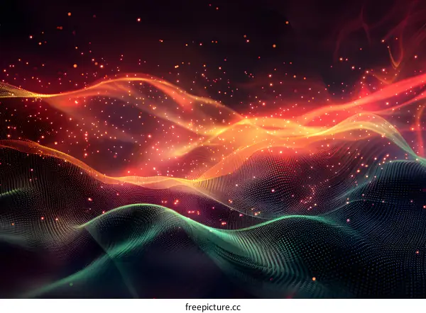 Abstract glowing futuristic wave with bright particles. Digital landscape with flowing energy surface.