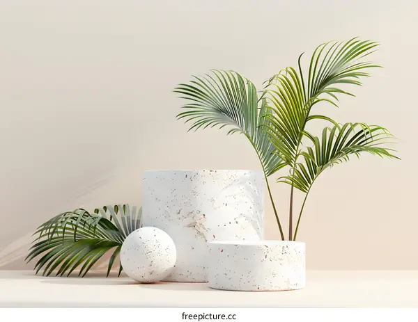 Minimalist Product Display with White Platforms and Palm Leaves