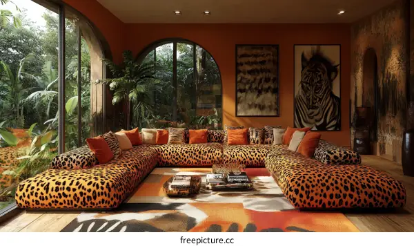 Modern Tropical Living Room with Leopard Print Sofa