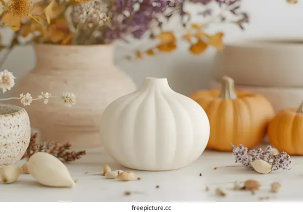White Ceramic Vase with Pumpkins and Dried Flowers
