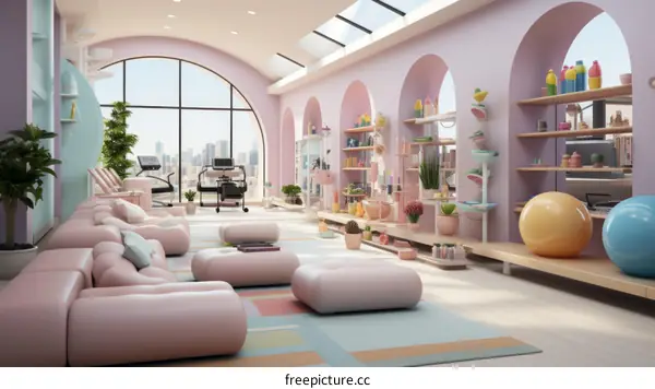A pink and white living room with a large window, a pink couch, and a pink exercise ball
