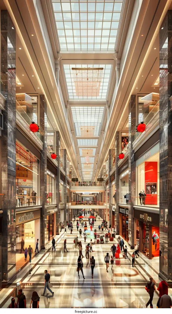 People walking in a large shopping mall with a glass roof