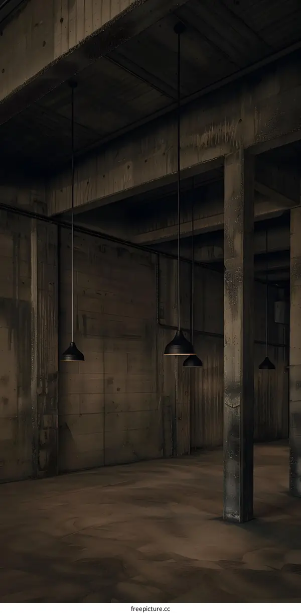 Industrial Interior Design with Concrete Walls and Black Pendant Lamps
