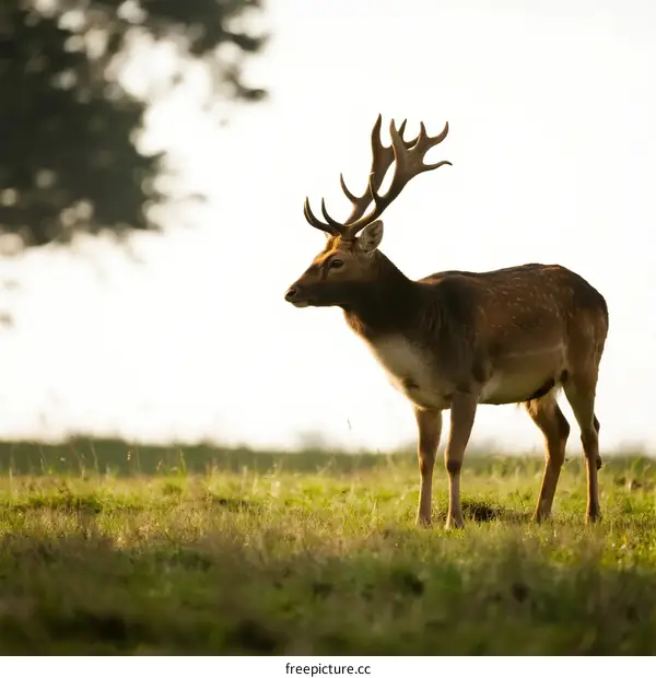 A majestic fallow deer with large antlers standing in a grassy field