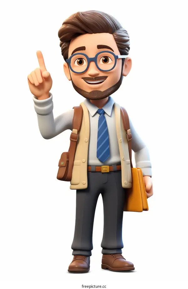 Bearded Male Cartoon Teacher in Suit and Tie Holding Folder Pointing Up