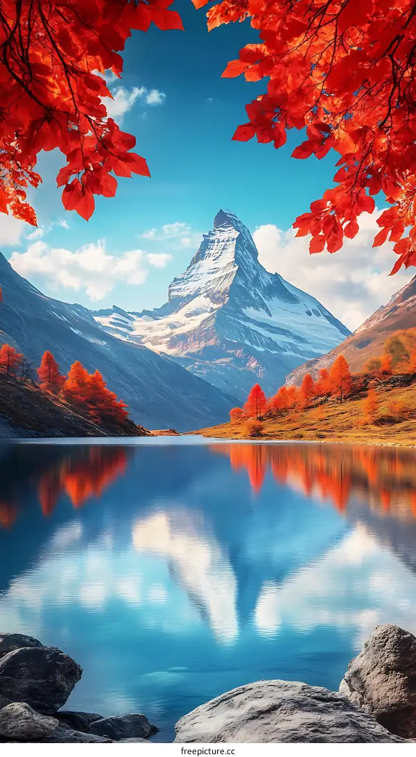 Mountain Reflection in the Lake with Autumn Leaves