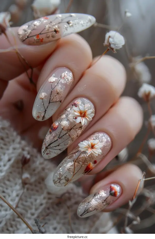 Dried flowers encased in clear stiletto nails with gold flakes