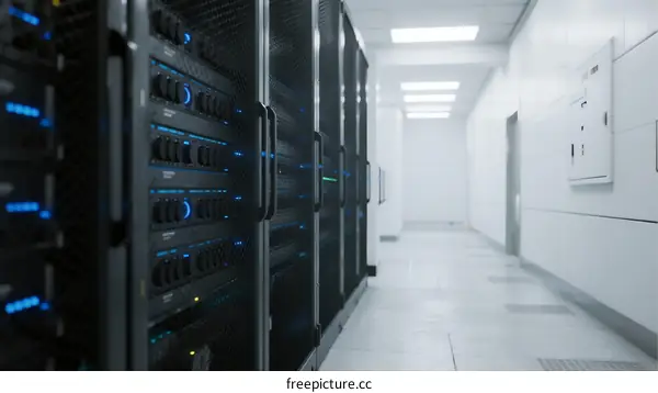 Row of modern server racks in bright data center corridor