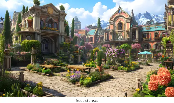 Beautiful Garden with Buildings in the Background