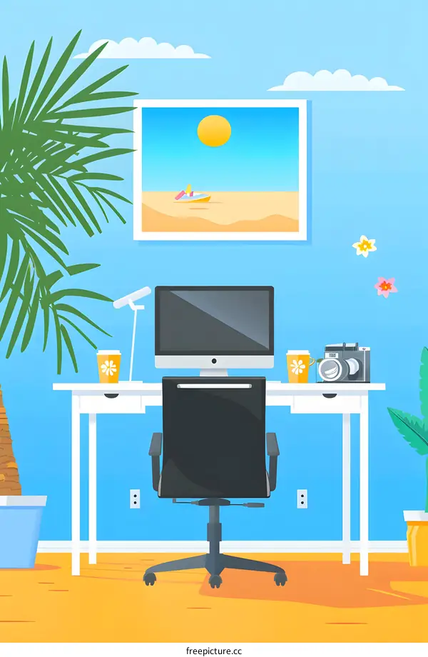 Summer Office Workspace With Palm Tree