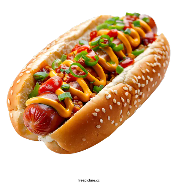 [Transparent Background PNG]Hotdog with mustard, ketchup and spring onions