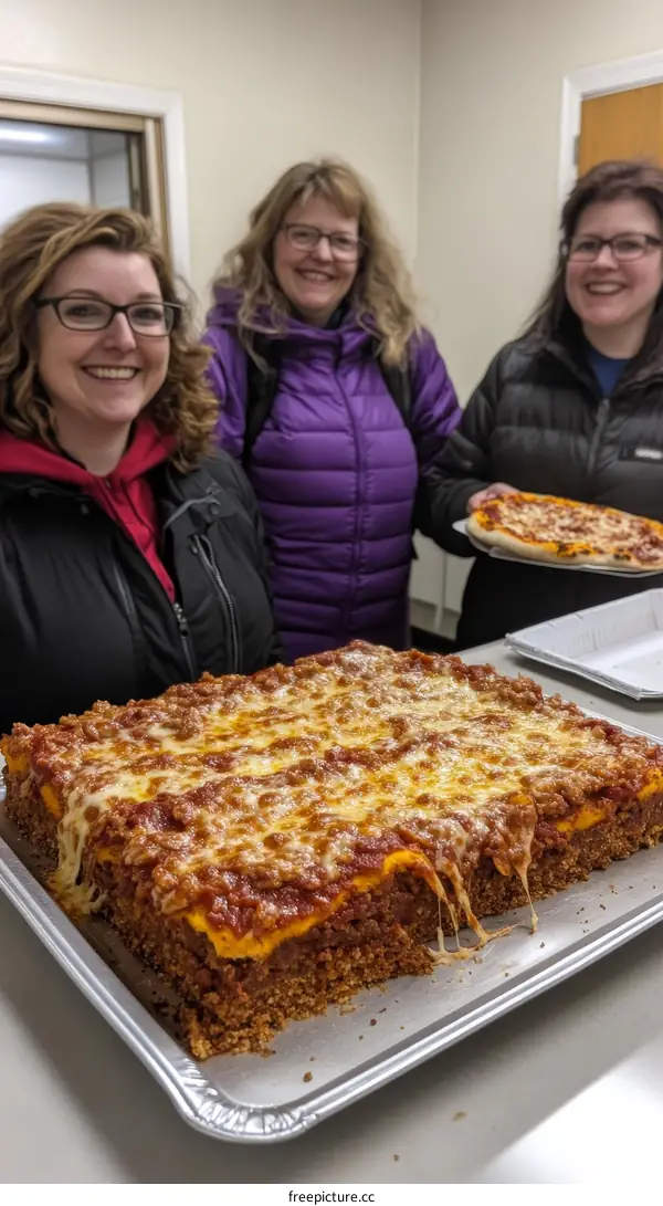 Group of Caucasian Women Sharing Large Pizza