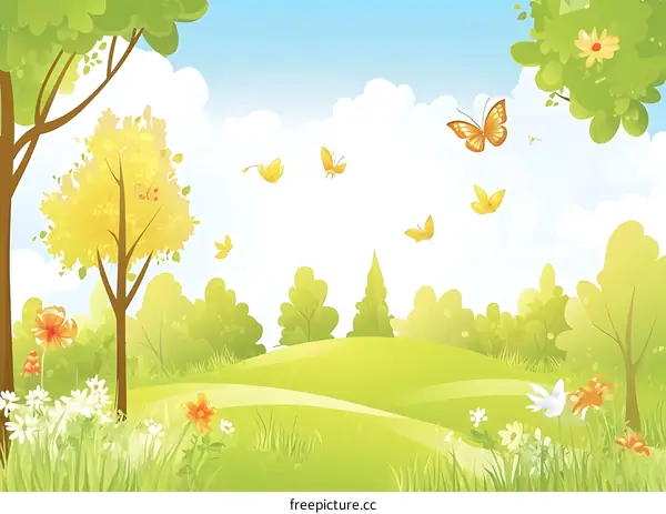 Green Spring Landscape with Butterflies