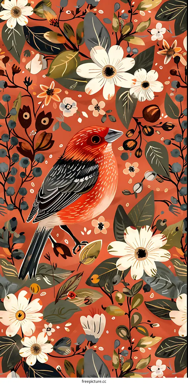 Red Bird and Flowers Seamless Pattern Illustration
