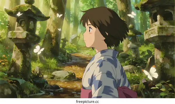 Young girl in traditional kimono walking through magical forest with butterflies