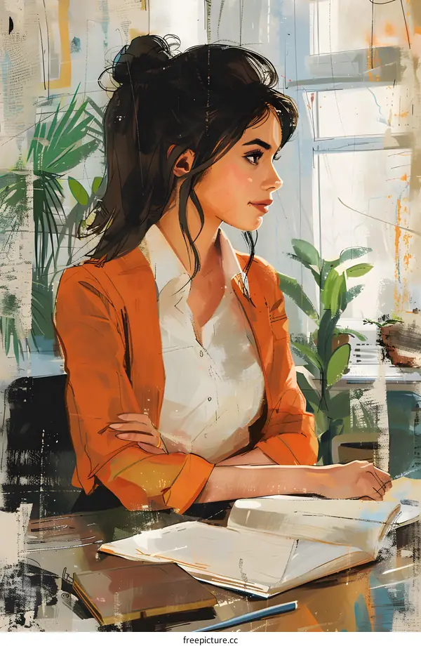 A young woman in an orange blazer is sitting at a desk, looking out the window.