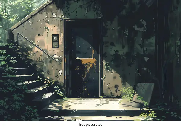 closed rusty door with plants growing around it