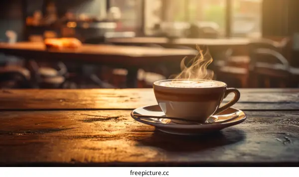 Cappuccino in a white ceramic cup on a wooden table in a cafe