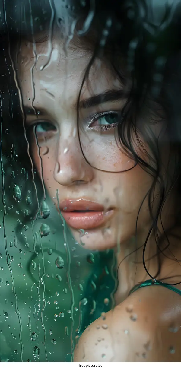 Beautiful woman with wet hair looking through the rain-covered window
