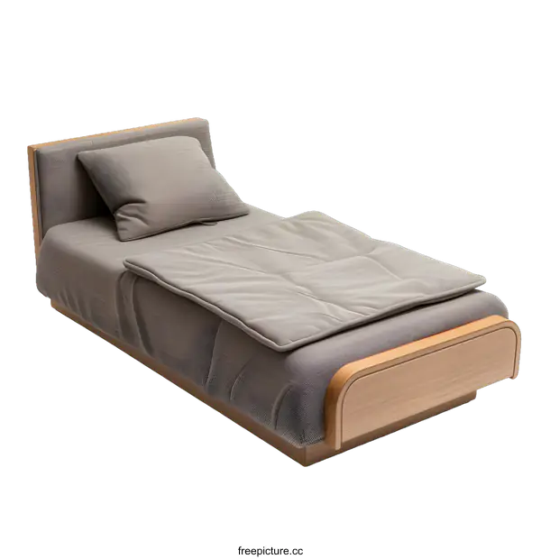 [Transparent Background PNG]Modern Wooden Bed with Grey Fabric Upholstery and Pillows